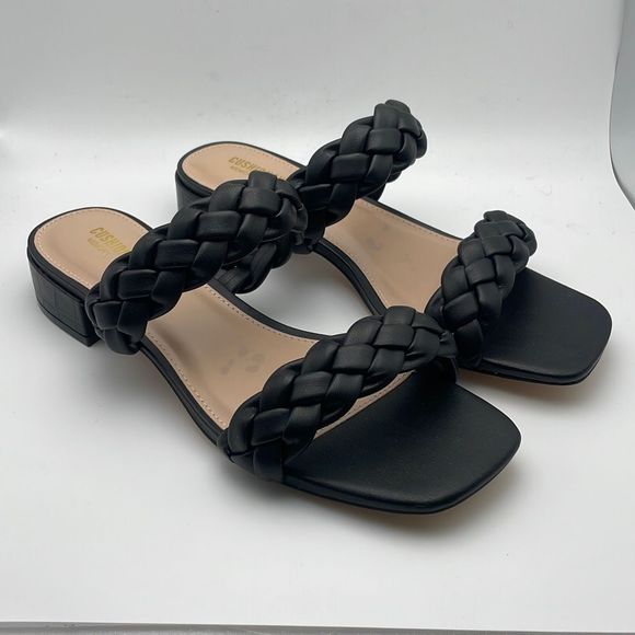 CUSHIONAIRE Women's two band braided low block heel slide sandal 8W Black - Picture 1 of 5